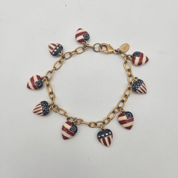 Joan Rivers American Flag Puffy Hearts Gold Tone Enamel Charm Bracelet - Picture 1 of 3